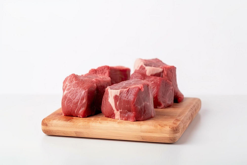 Куски сырой говядины на деревянной доске